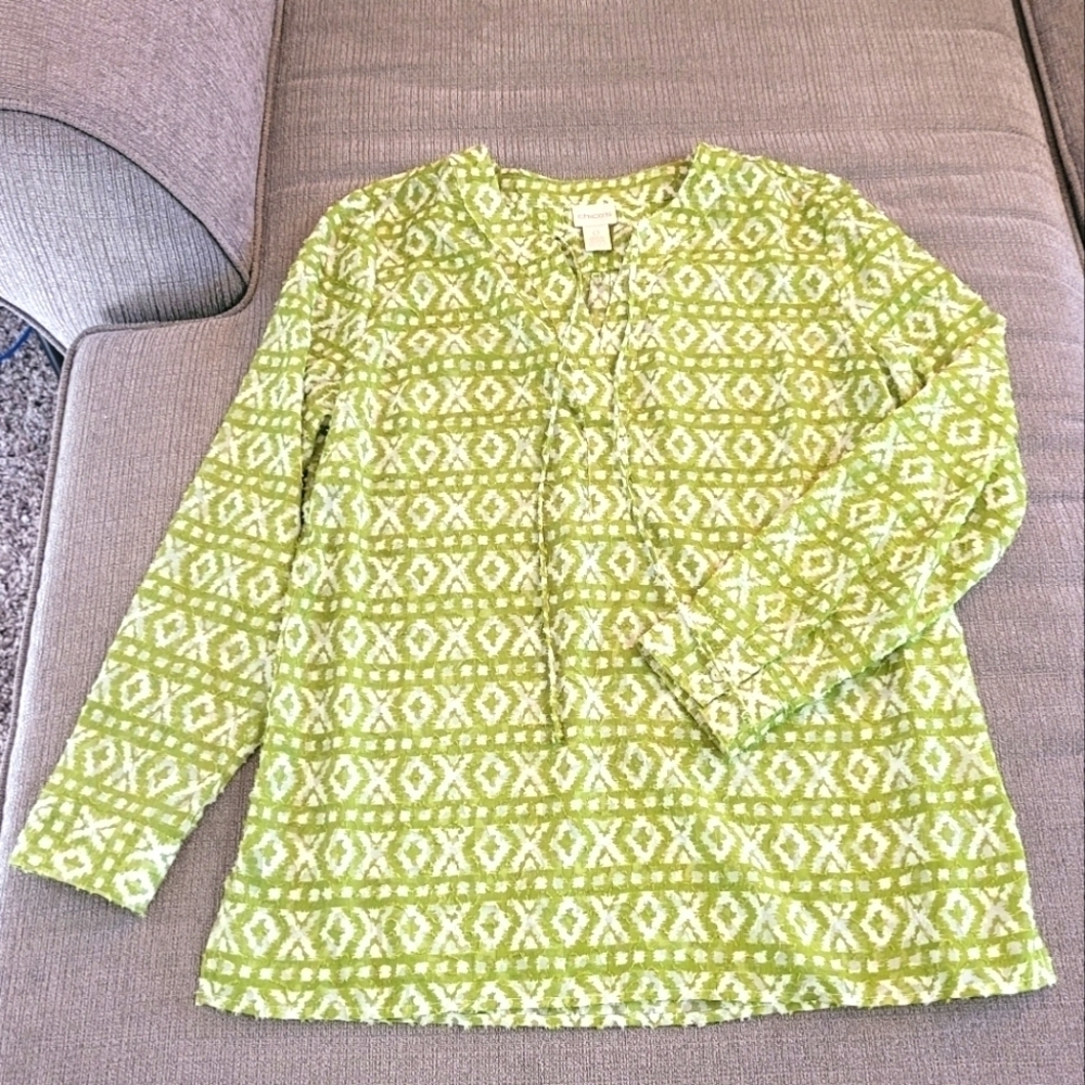 Chico's Green White Sheer Casual Coastal Longsleeve Top Blouse Size 0 / XS